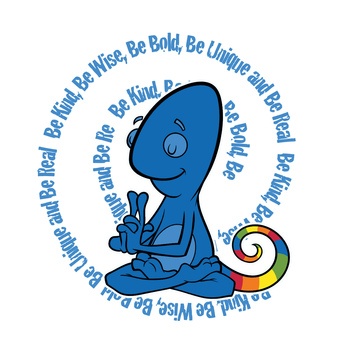 Be real, be kind, be wise, be bold, be unique Logo with cute lizard meditating